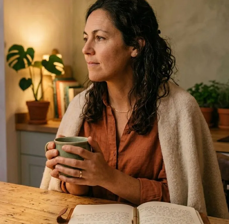 Frau sitzt nachdenklich am Tisch mit Tasse und Tagebuch – ganzheitliche Ernährungstherapie bei Erkrankung und Lebensstiländerung