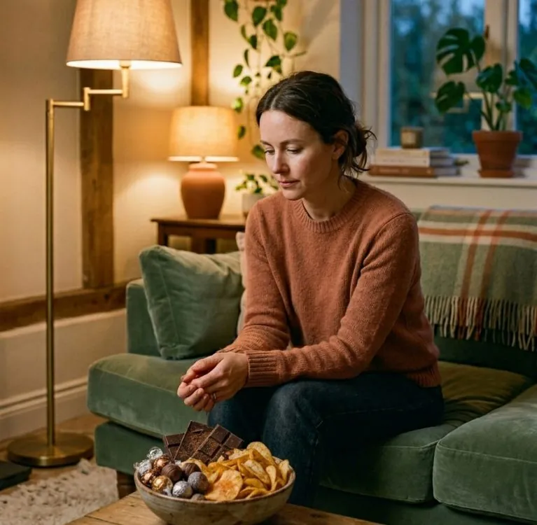 Frau sitzt nachdenklich auf dem Sofa vor einer Schüssel mit Snacks – Ernährungspsychologische Beratung bei emotionalem Essen