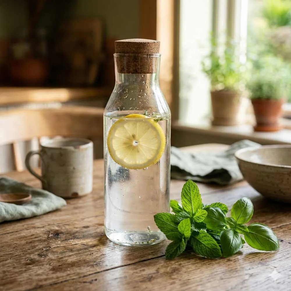 Glasflasche mit Zitronenwasser und frischer Minze auf rustikalem Holztisch – Hydratation und Entgiftung beim Leberfasten nach Dr. Worm